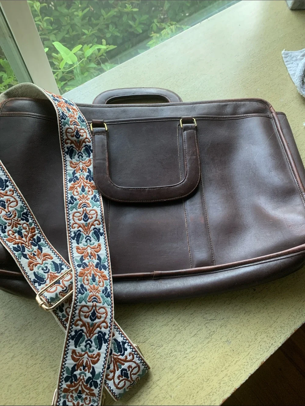 Coach Brown Leather Laptop Bag with Patterned Embroidered Strap